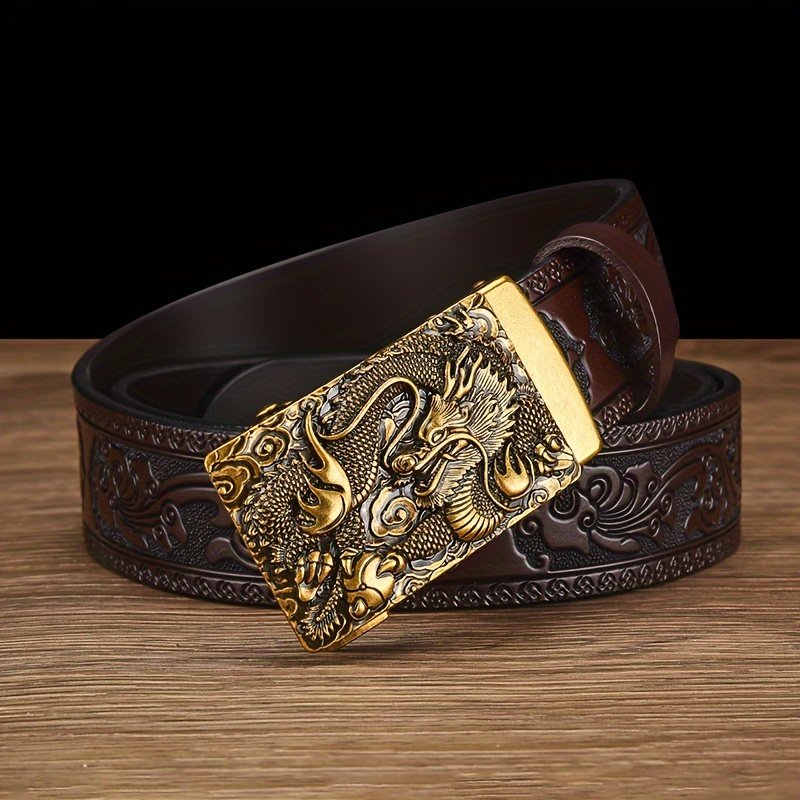Dragon Head Leather Belt Men Intricate Carving Golden Buckle Brown Cowhide